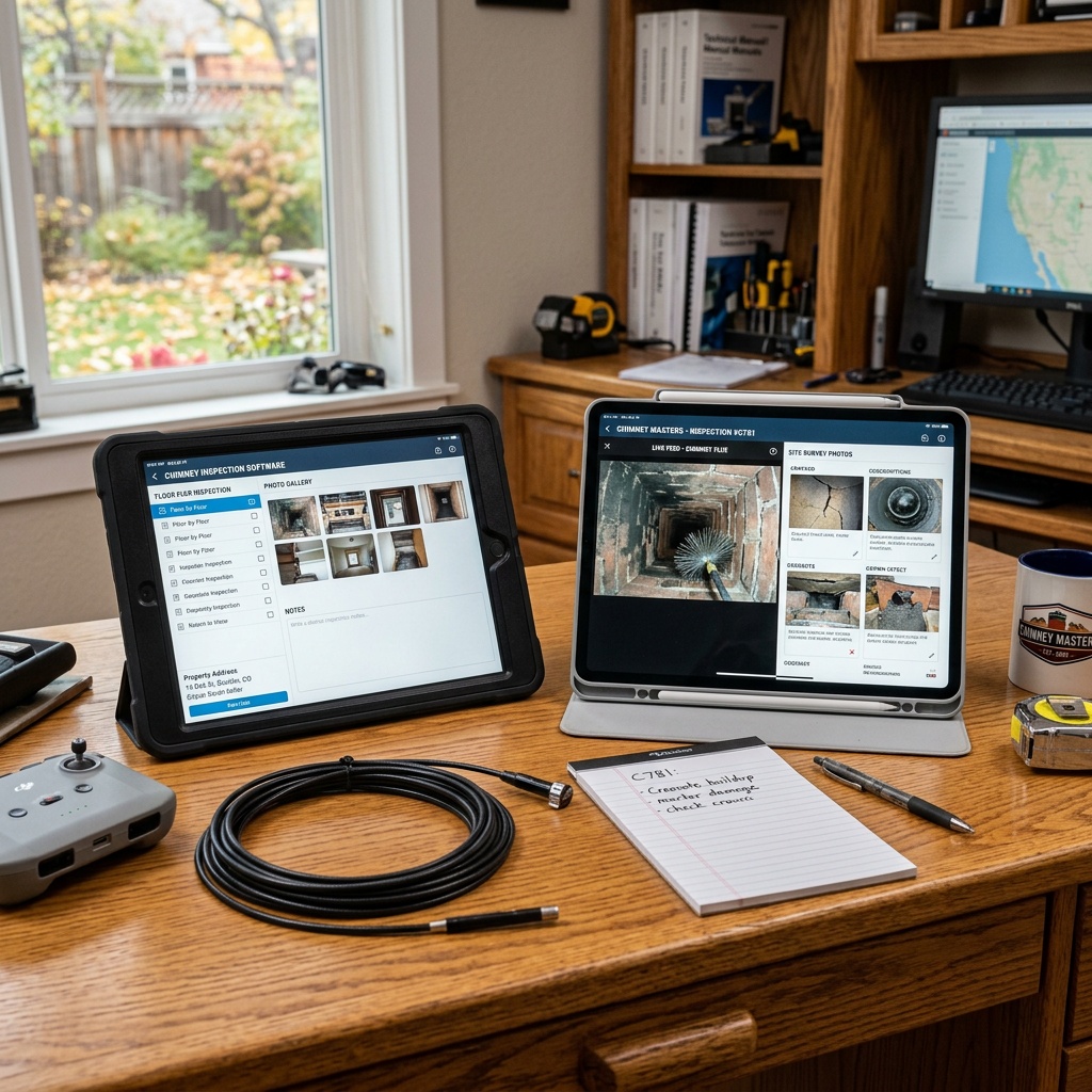 Two tablets showing chimney inspection images and data with inspection probe, remote, notepad, and pen on desk