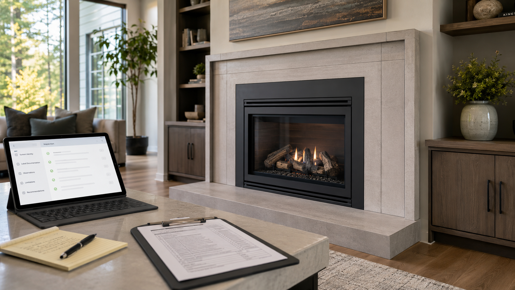 Factory-built fireplace inspection documentation workflow with tablet report, manual pages, label documentation, and internal camera inspection evidence.
