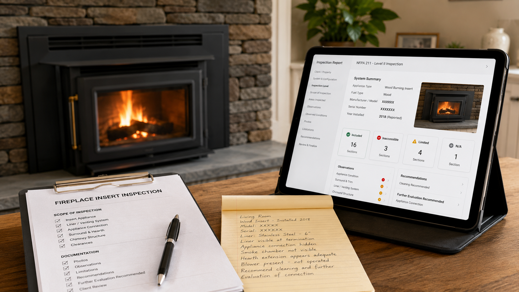 Fireplace insert inspection reports should document the appliance, liner, connection, original fireplace, Limitations, Observations, and Recommendations.