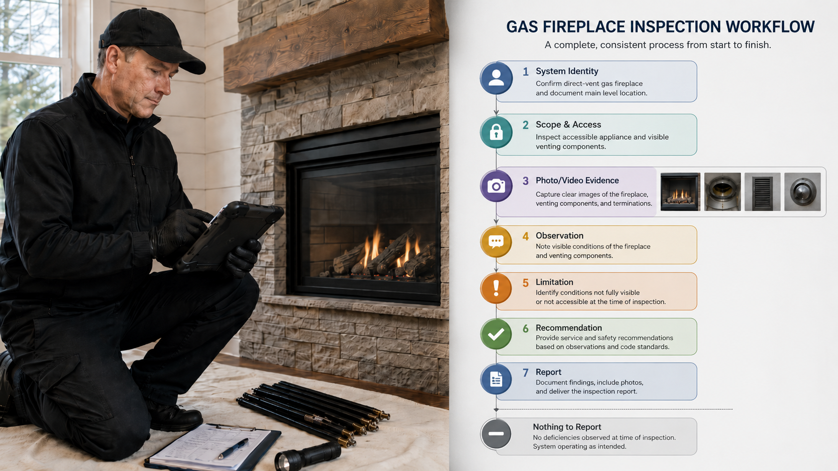 Chimney inspection software demo showing guided workflow from system identity and evidence capture to observations, limitations, recommendations, and final report.