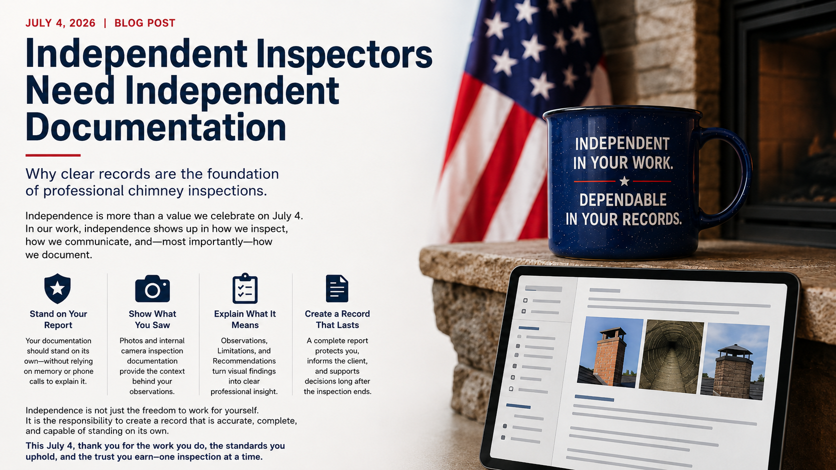 Chimney inspection report and organized photo evidence with a subtle Independence Day theme, representing documentation that stands on its own.
