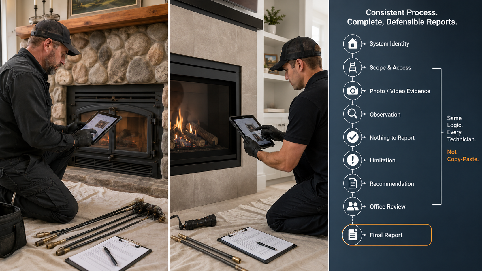 Two fireplace inspectors using the same guided inspection workflow to document separate systems with consistent Observations, Limitations, Recommendations, and final report review.